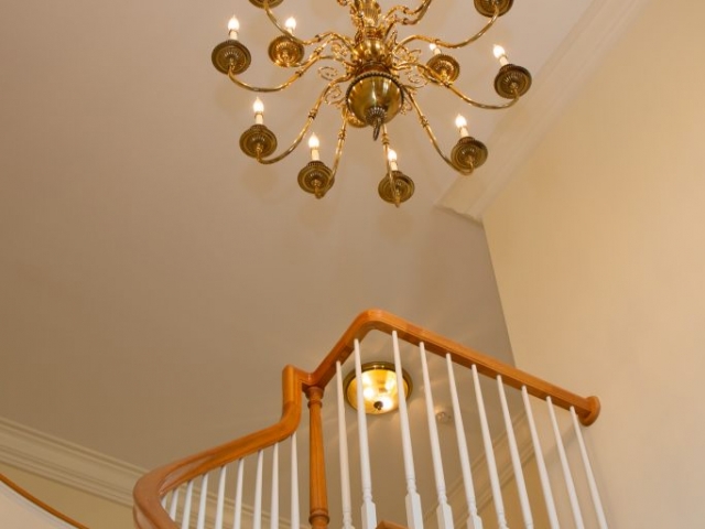 gold, classic chandelier from below