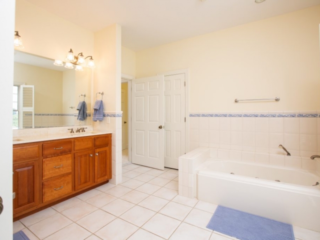 Bathroom with brown cabinets and blue and white tile